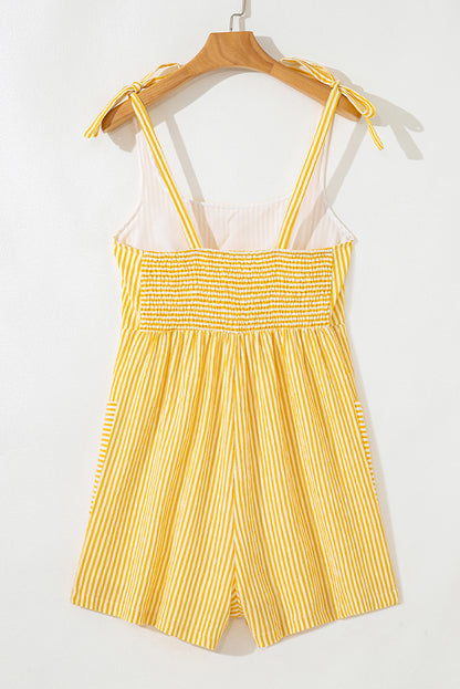 Yellow Stripe Shoulder Tie Smocked Back Wide Leg Casual Romper