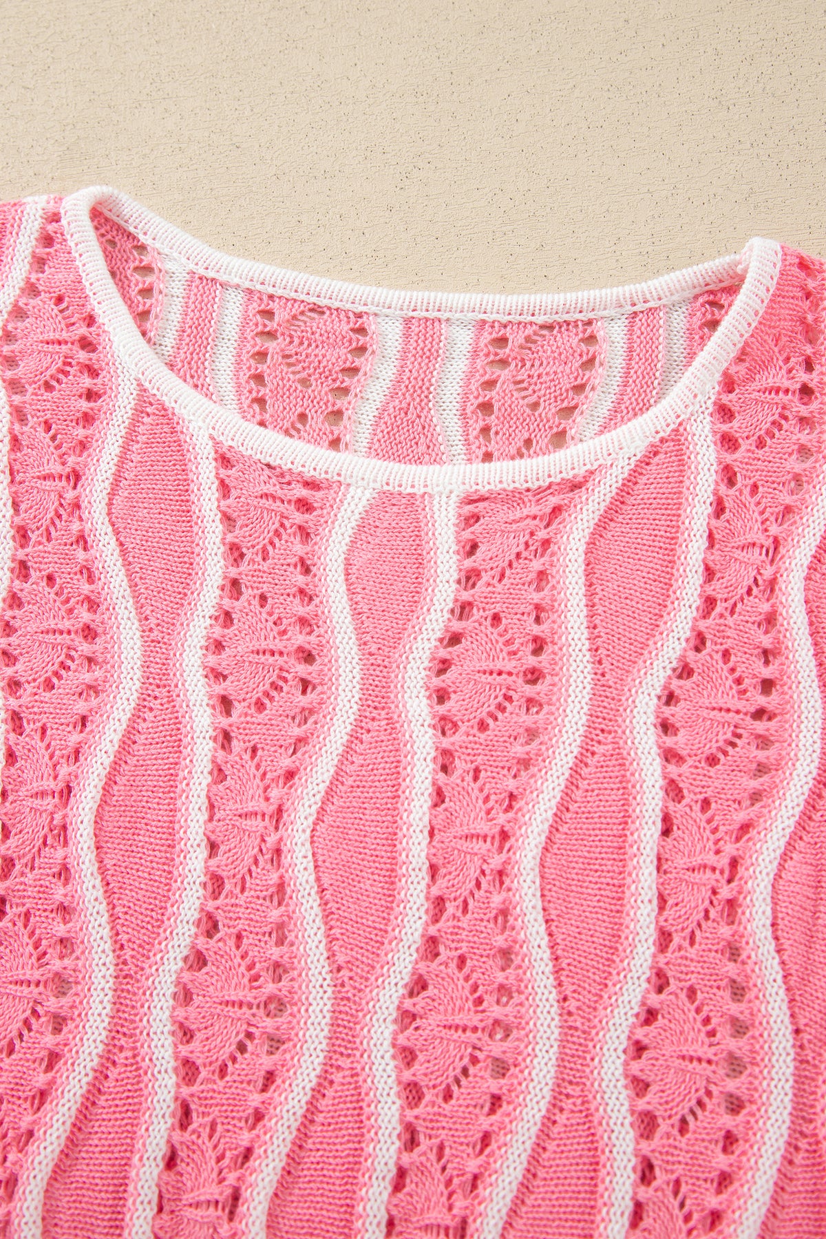 Pink Wavy Detail Hollow Out Knit Long Sleeve Cotton Pullover Sweater