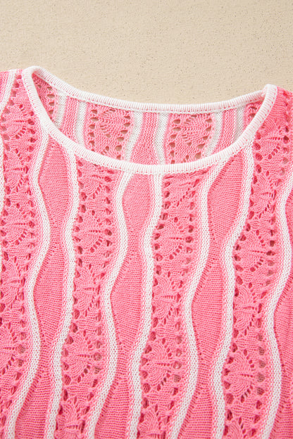 Pink Wavy Detail Hollow Out Knit Long Sleeve Cotton Pullover Sweater