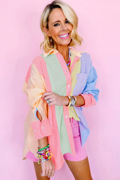 Pink Stripe Color Block Chest Pocket Oversized Shirt - Chic Meadow Boutique 