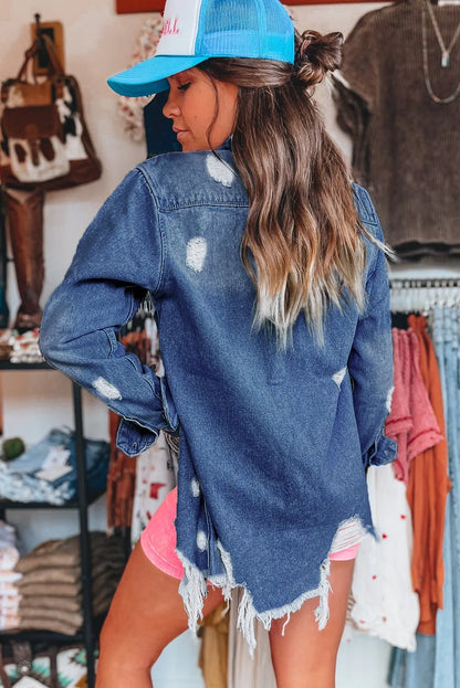 Sky Blue Light Wash Distressed Frayed Long Denim Jacket - Chic Meadow Boutique 