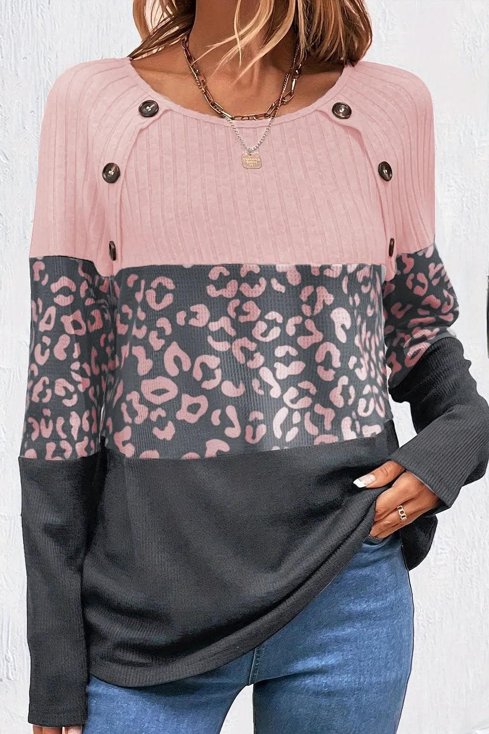 Tops/Long Sleeve Tops Pink Cheetah Textured Patchwork Buttoned Round Neck T Shirt