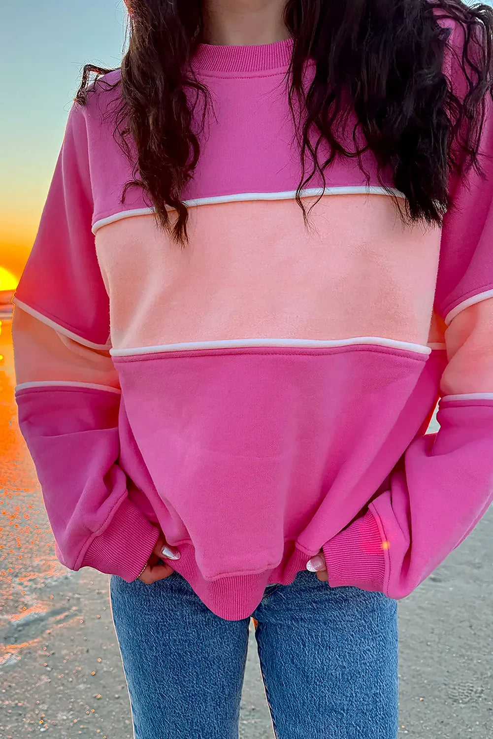 Sachet Pink Colorblock Patchwork Drop Shoulder Ribbed Trim Sweatshirt - Chic Meadow Boutique 