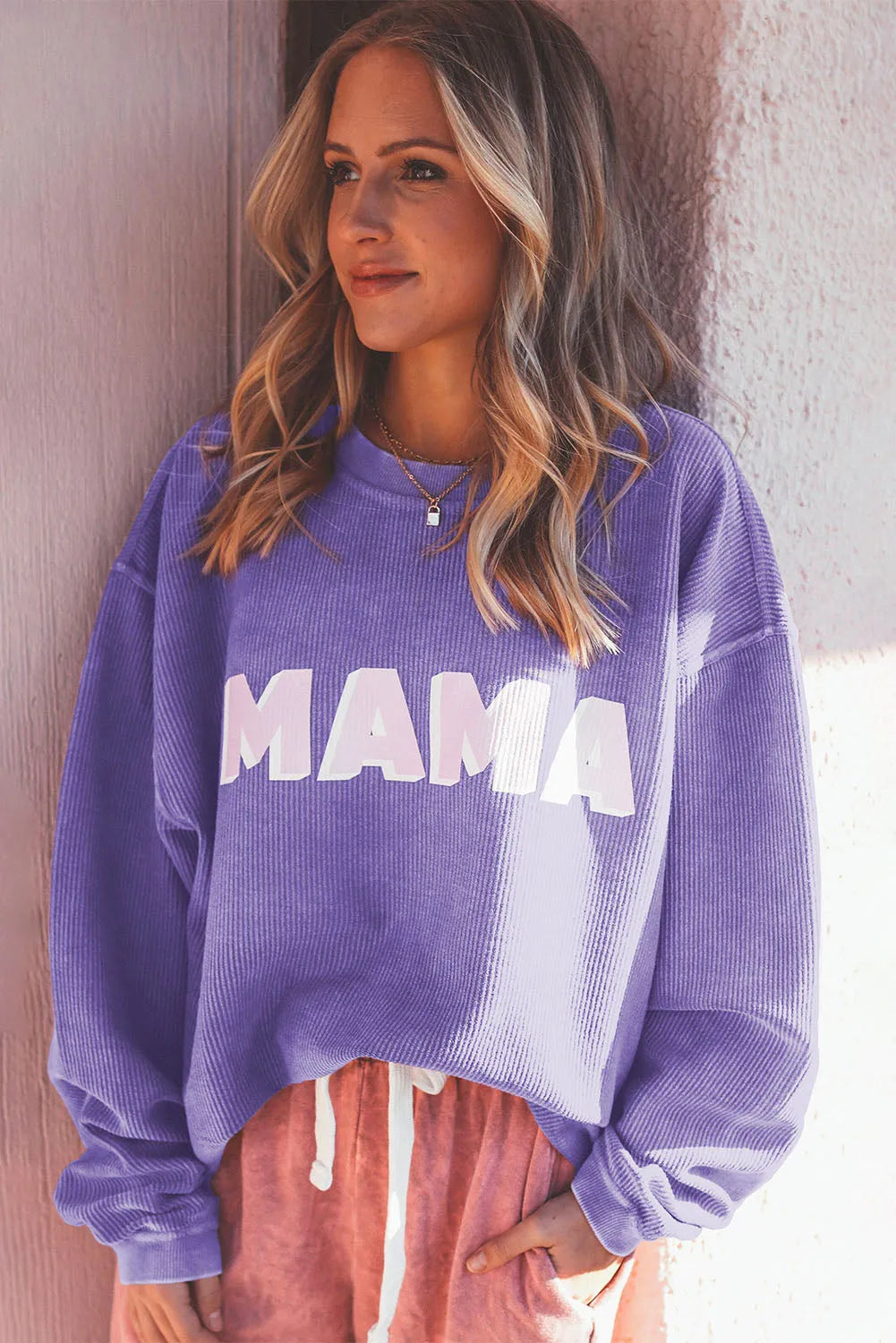 Purple MAMA Ribbed Crew Neck Pullover Sweatshirt - Chic Meadow Boutique 