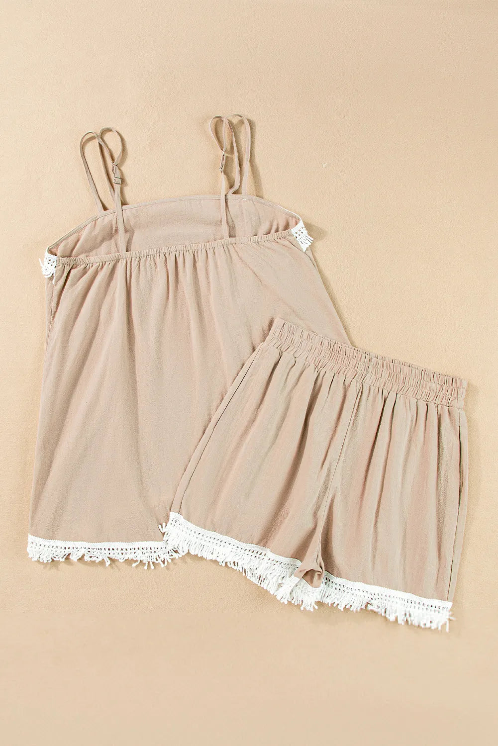 Pale Khaki Fringe Crochet Double Strap Tank Top and Shorts Set - Chic Meadow Boutique 