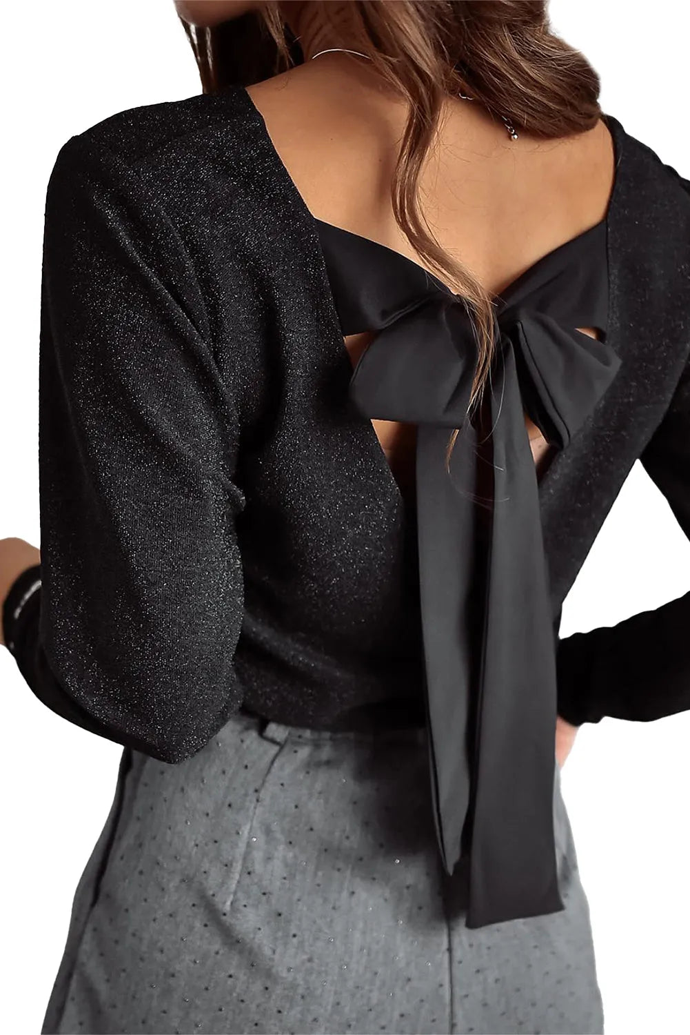 Black Metallic Bowknot Open Back V Neck Top - Chic Meadow Boutique 