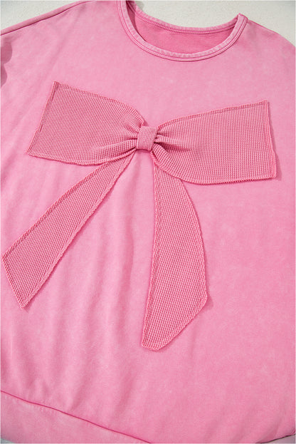 Bonbon Waffle Bowknot Patchwork Graphic Mineral Wash Plus Size Sweatshirt