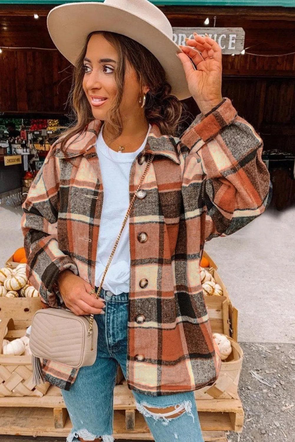 Outerwear/Jackets Orange Plaid Print Buttoned Shirt Jacket