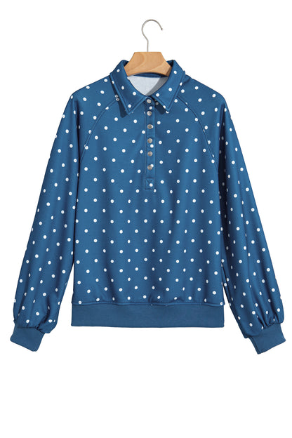 Blue Polka Dot Print Metal Button Collar Casual Pullover Sweatshirt