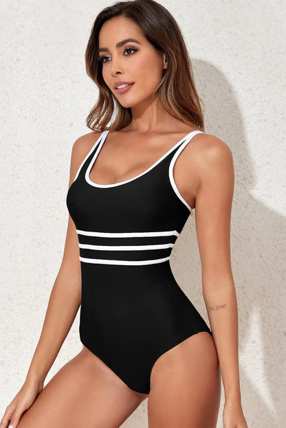 Black Contrast Trim Colorblock U Neck One Piece Swimwear - Chic Meadow Boutique 