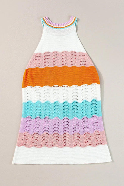 Tops/Sweater Vests Multicolour Wavy Striped Print Textured Knit Sleeveless Sweater Top