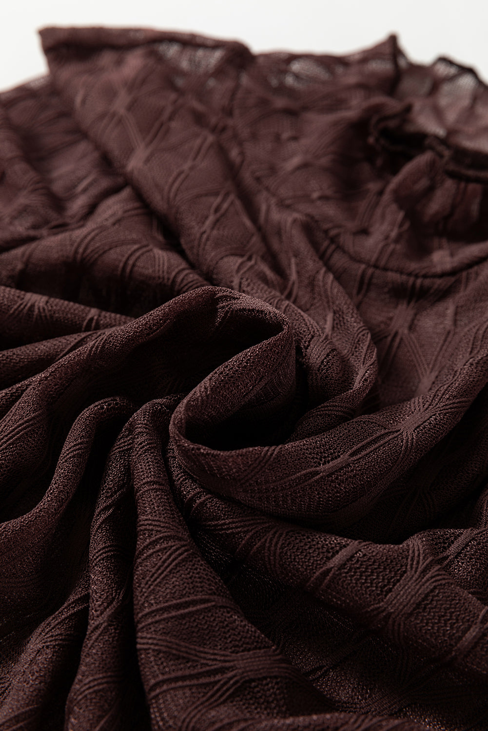 Coffee Sheer Mesh Patterned Lettuce Trim Slim Long Sleeve Top