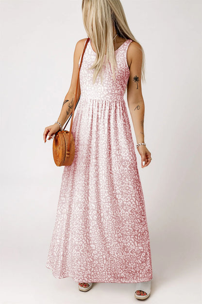 Pink Leopard Print Pocketed Sleeveless Maxi Dress - Chic Meadow Boutique 