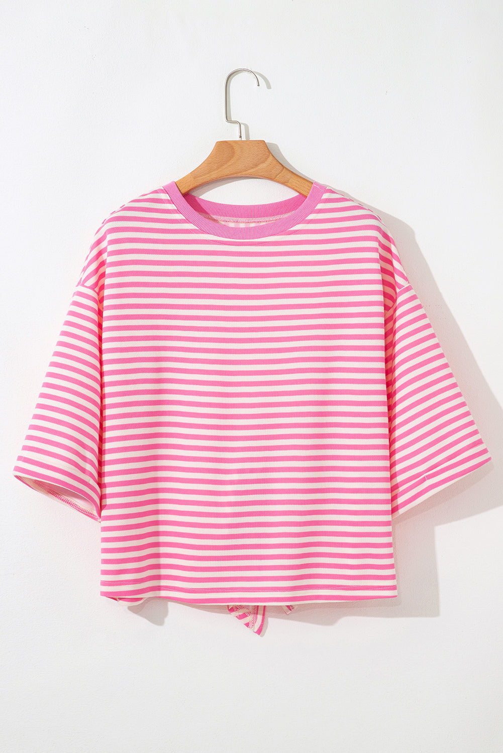 Pink Stripe Bowknot Cutout Back Drop Shoulder Wide Bracelet Sleeve Loose Tee