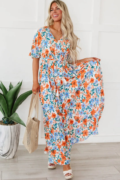 Sky Blue Floral Print Wrap Belted Maxi Dress - Chic Meadow Boutique 