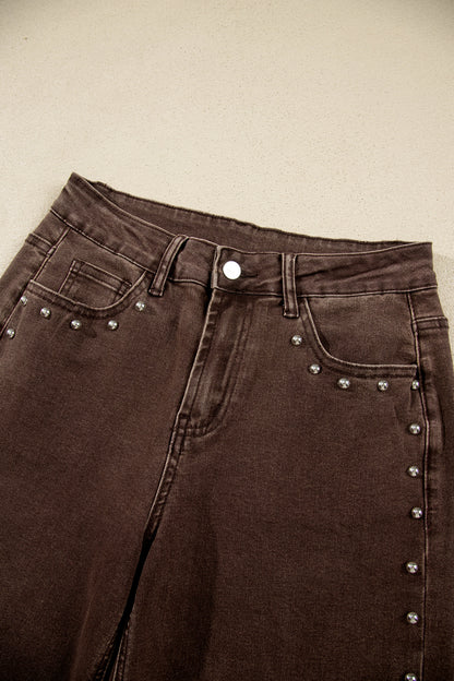 Coffee Studded Detail Straight Leg Casual Loose Jeans