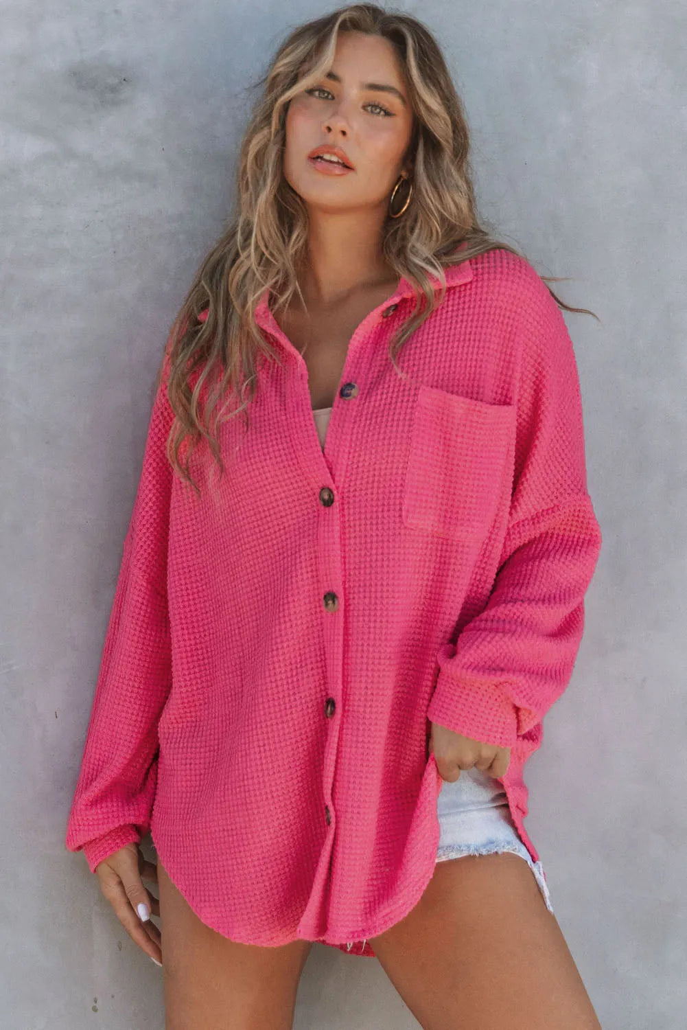 Pink Waffle Knit Button Up Casual Shirt - Chic Meadow Boutique 