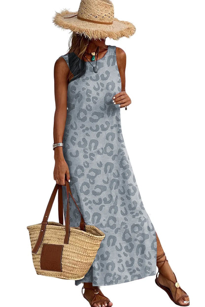 Gray Leopard Print Sleeveless Maxi Dress - Chic Meadow Boutique 