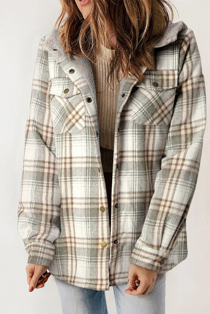 Gray Plaid Pattern Sherpa Lined Hooded Shacket - Chic Meadow Boutique 