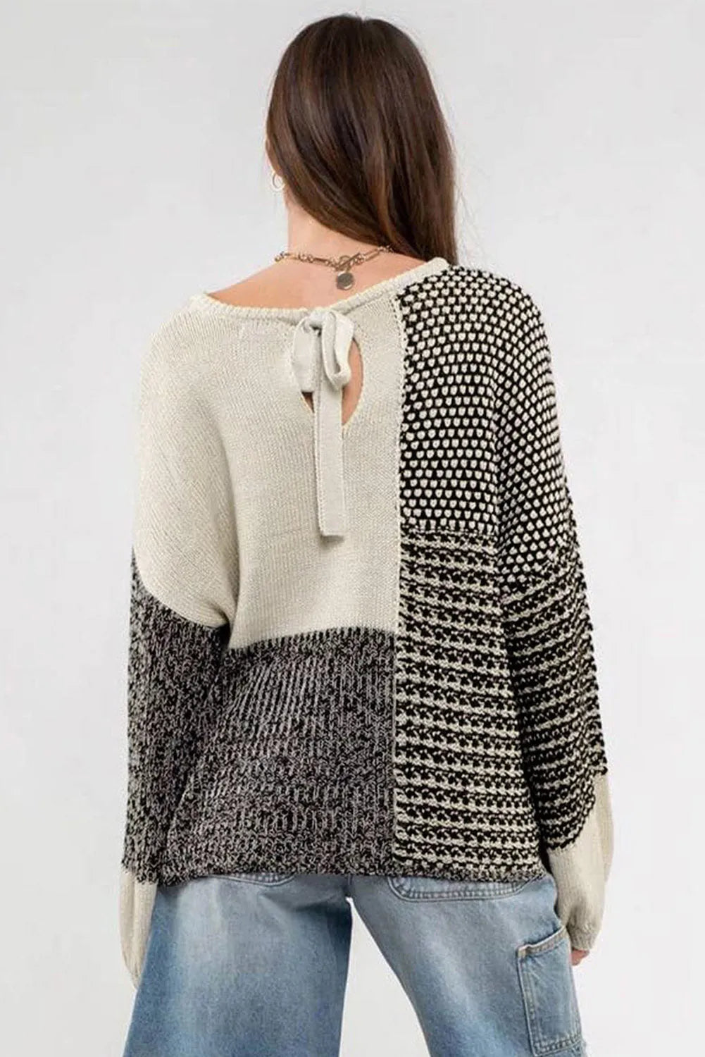 Black Neutral Colorblock Tie Back Sweater - Chic Meadow Boutique 