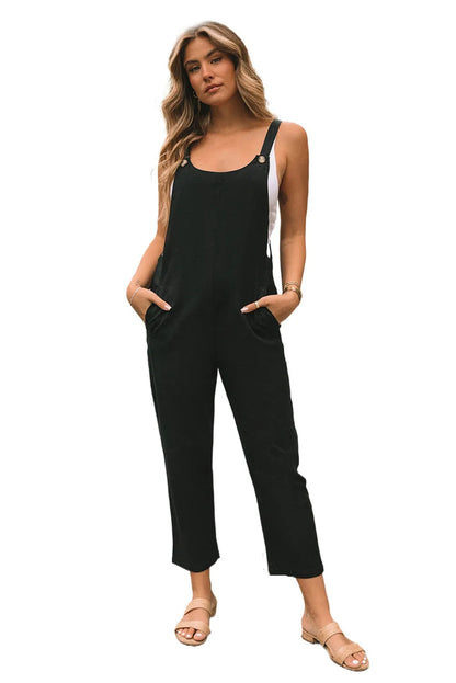 Black Button Straps Pocketed Cropped Jumpsuit - Chic Meadow Boutique 