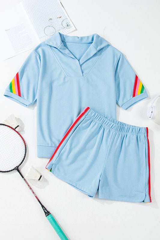 Sky Blue Rainbow Colorblock Collared Short Sleeve Top 2 Piece Shorts Set