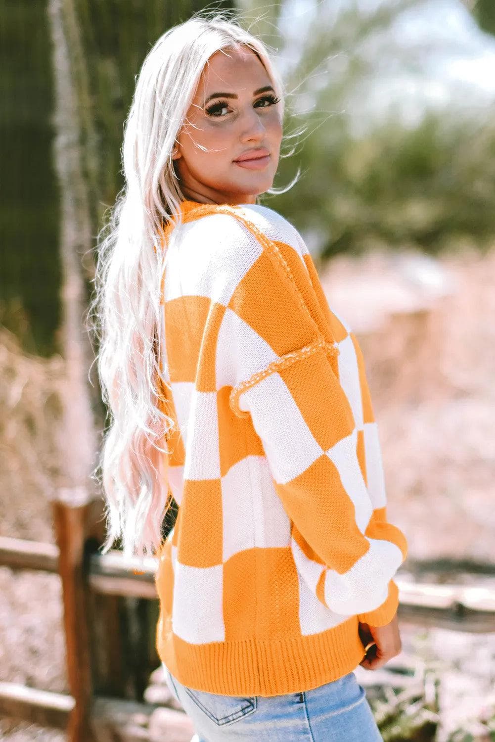 Tops/Sweaters & Cardigans Orange Checkered Bishop Sleeve Sweater