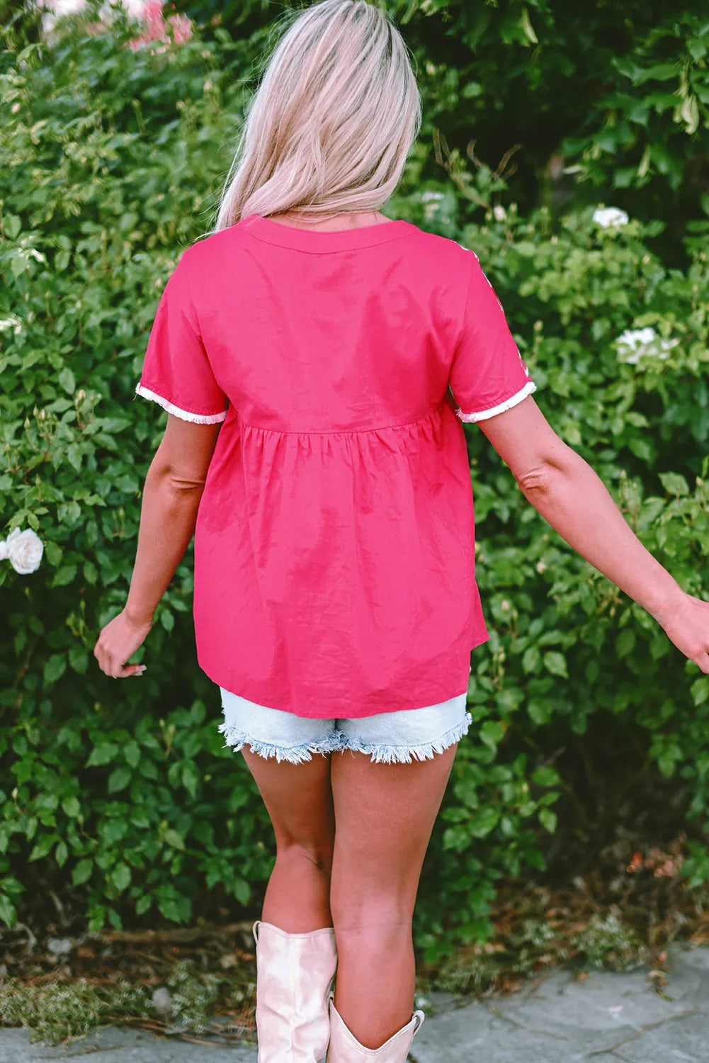 Strawberry Pink Geometric Embroidered Tassel Tie V Neck Blouse - Chic Meadow Boutique 