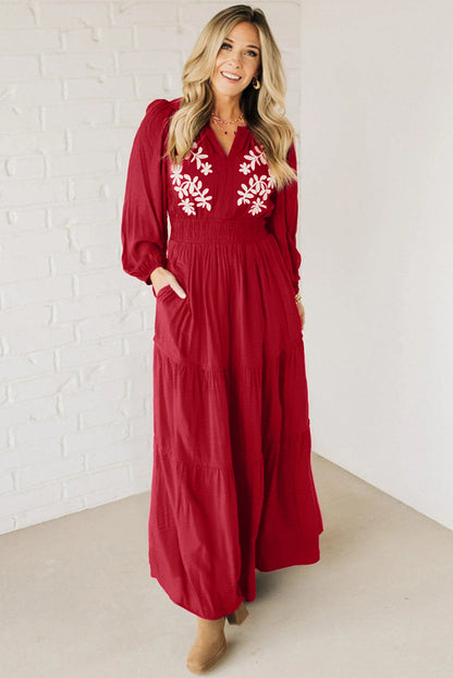 Racing Red Contrast Embroidered Detail Cinched Waist Tiered Long Sleeve Maxi Dress