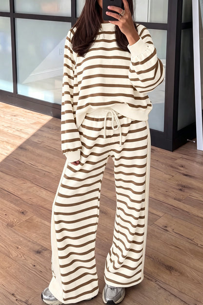 Khaki Stripe Relaxed Long Sleeve Top Color Block Detail Drawstring Pant Set