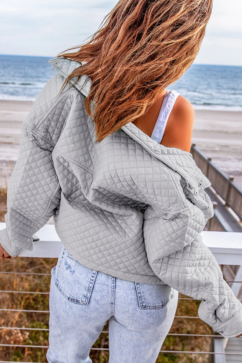 Gray Quilted Pocketed Zip-up Cropped Jacket - Chic Meadow Boutique 