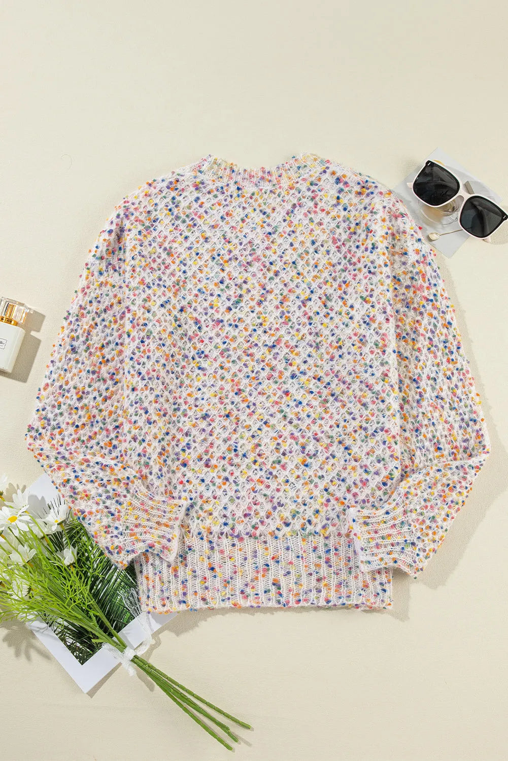 White Confetti Knit Popcorn Sweater Top - Chic Meadow Boutique 