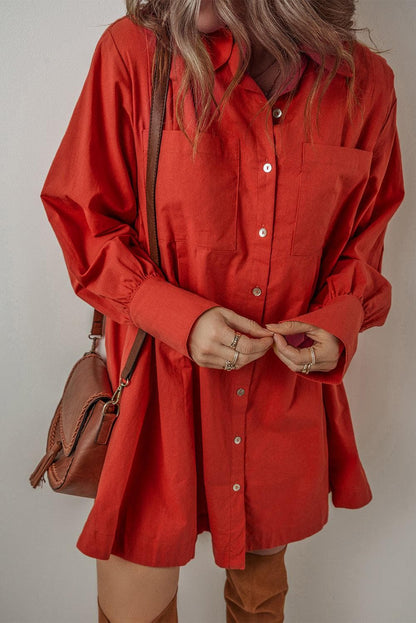 Dresses/Mini Dresses Tomato Red Bishop Sleeve Button Up Pleated Mini Shirt Dress