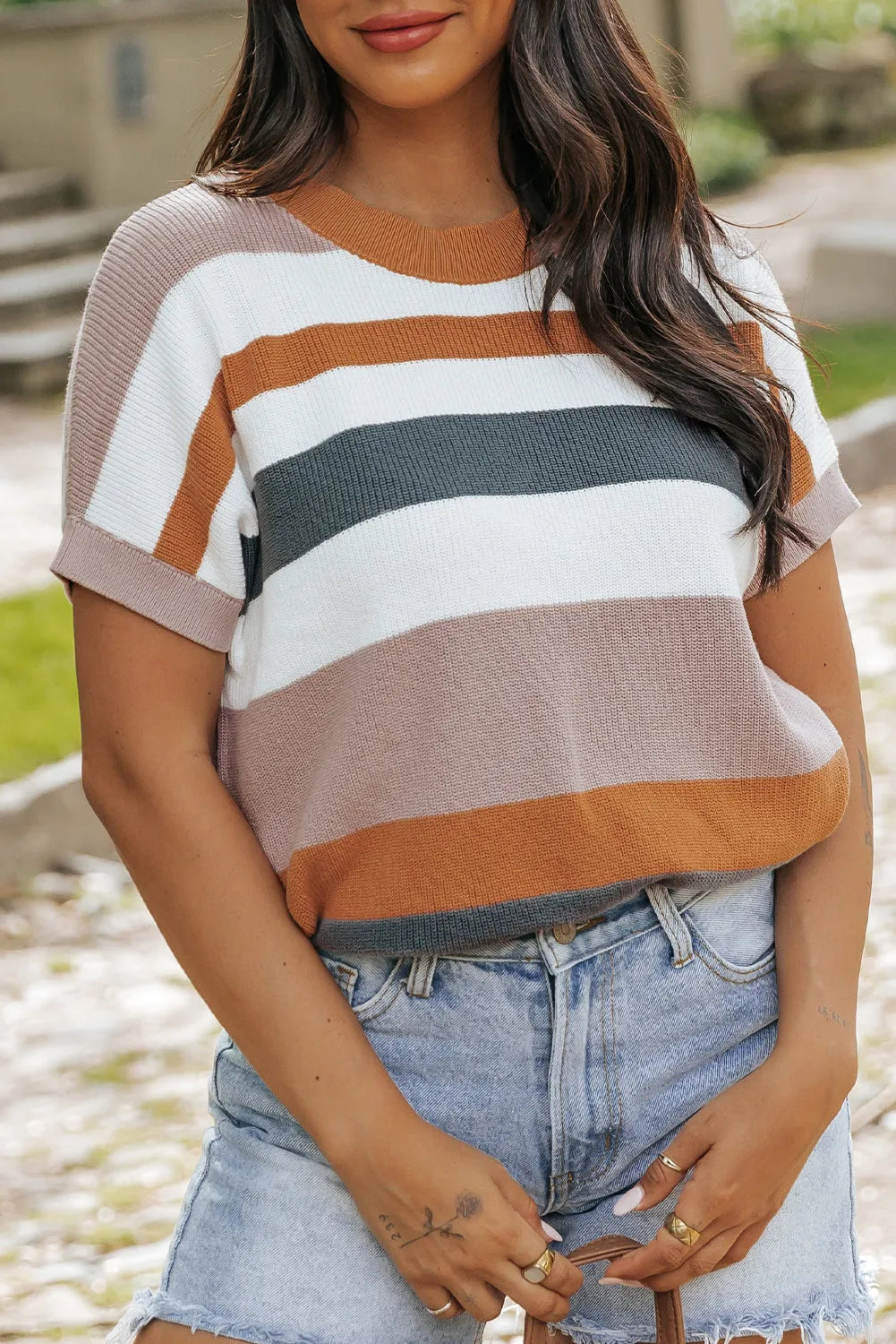 Camel Striped Knit Crew Neck T Shirt Sweater - Chic Meadow Boutique 