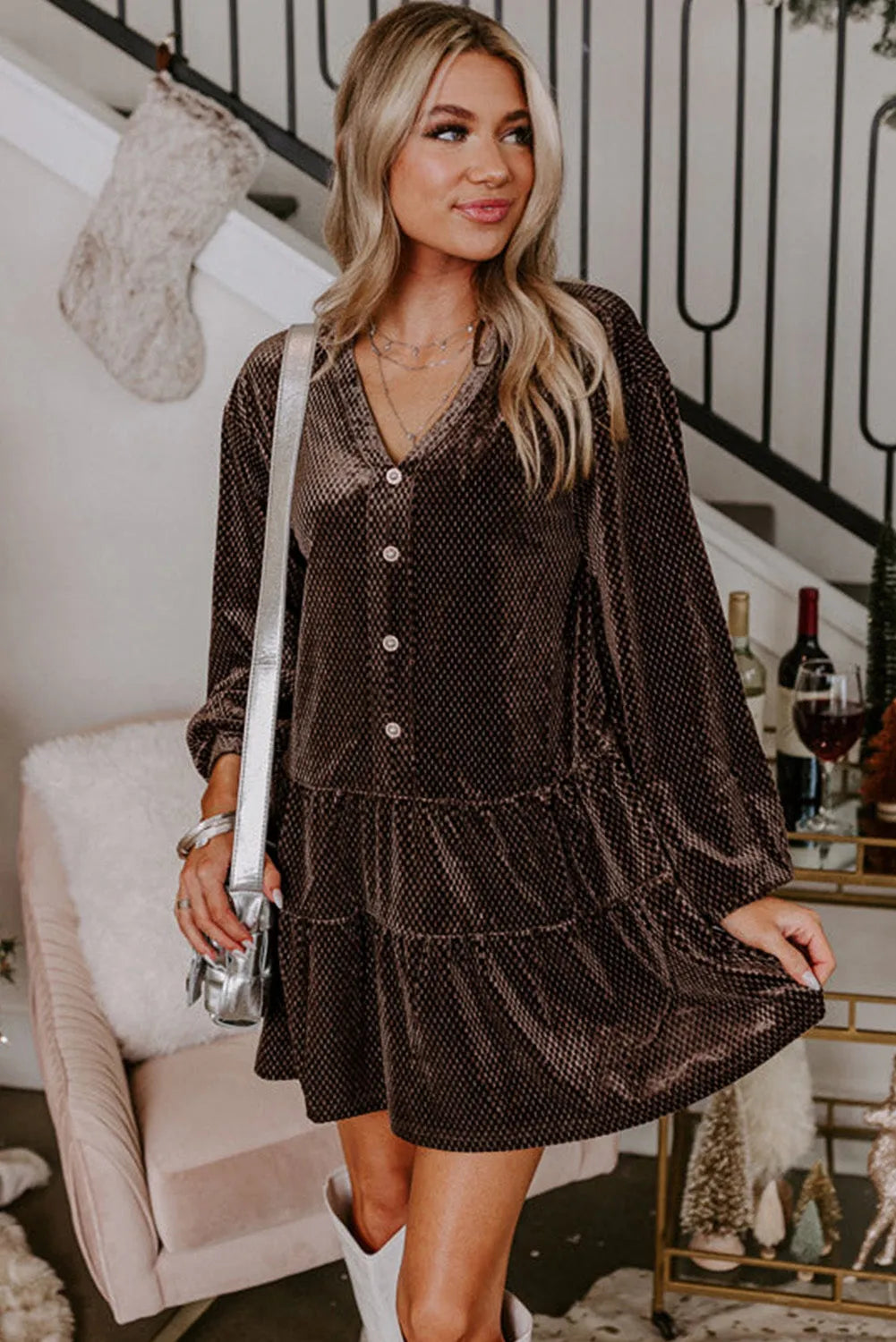 Dark Brown Textured Velvet V Neck Shift Dress - Chic Meadow Boutique 