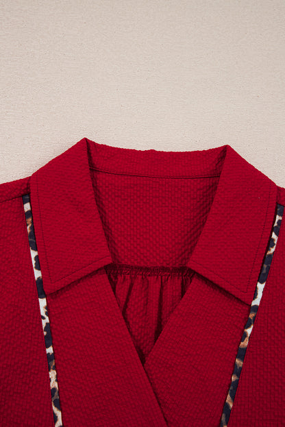 Fiery Red Collar V Neck Leopard Contrasted Trim Textured Blouse