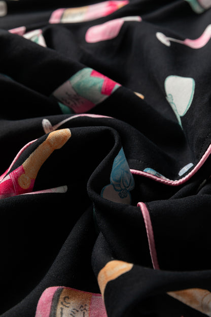 Color black Christmas Wine Glass Print Bow Knot Two Piece Pajama Set