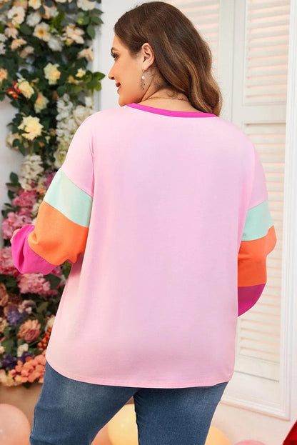 Plus Size/Plus Size Tops/Plus Size Long Sleeve Tops Pink Colorblock Patchwork Long Sleeve Plus Size Top