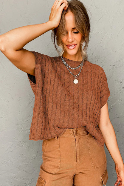 Chestnut Crew Neck Cable Knit Short Sleeve Sweater - Chic Meadow Boutique 