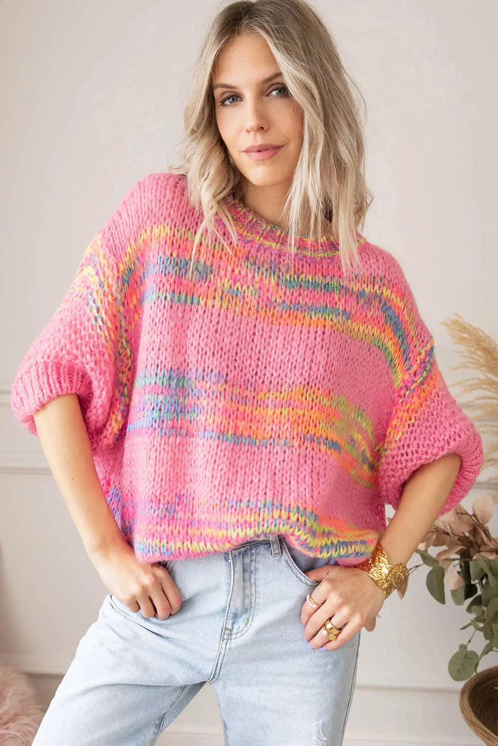 Rose Colorful Stripes 3/4 Sleeve Loose Sweater - Chic Meadow Boutique 