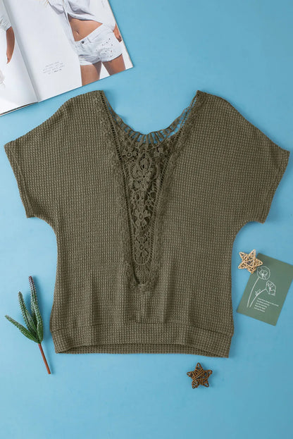 Moss Green Guipure Lace Patch Textured T-shirt - Chic Meadow Boutique 