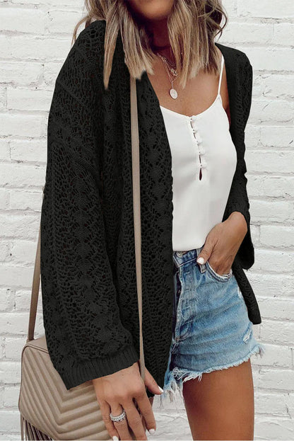 Black Hollow Out Knit Drop Shoulder Open Front Cardigan - Chic Meadow Boutique 