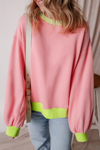 Pink Colorblock Bubble Sleeve Sweatshirt - Chic Meadow Boutique 