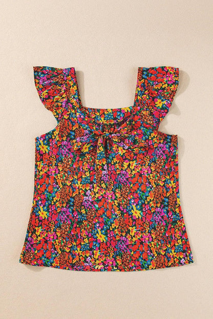 Tops/Blouses & Shirts Multicolour Floral Print Cap Sleeve Square Neck Back Knot Blouse