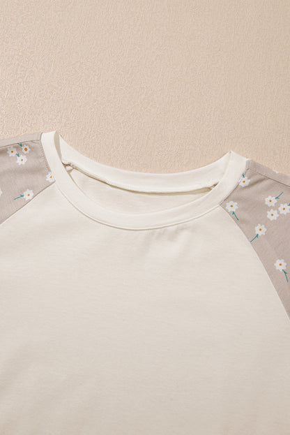 Beige Floral Print Color Block Raglan Sleeve T Shirt