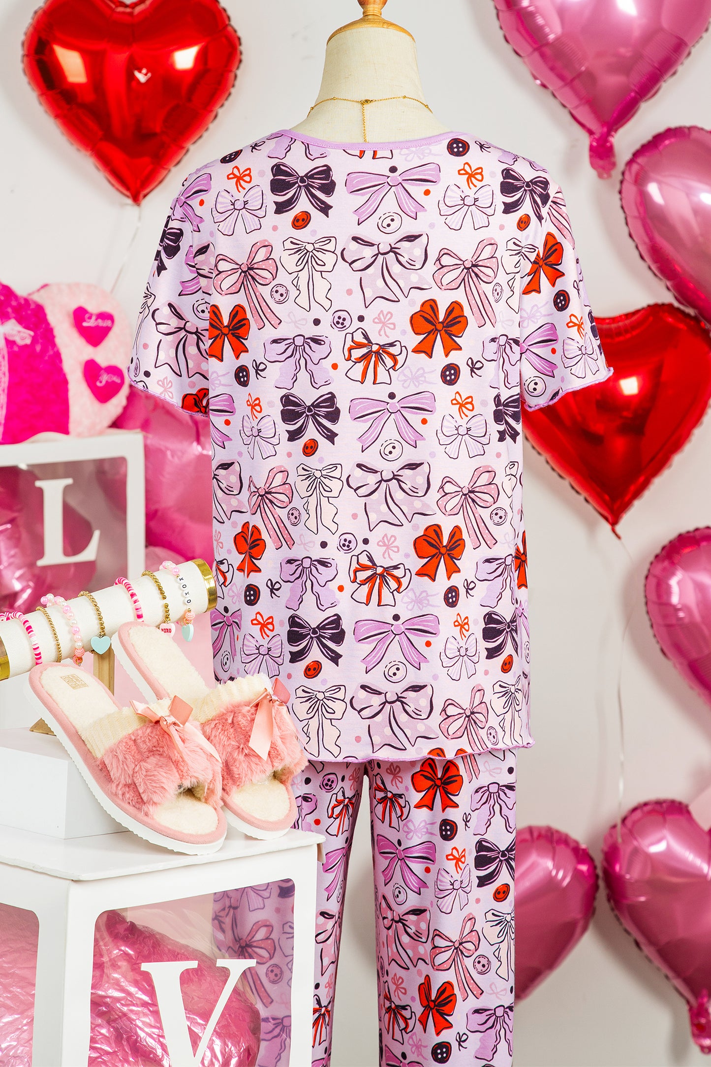 Pink Diverse Bows Buttons Printed Contrast Trim Short Sleeve Shirt Pajama Pant Set