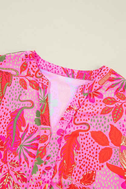 Rose Jungle Floral Print Notch V Neck Blouse - Chic Meadow Boutique 