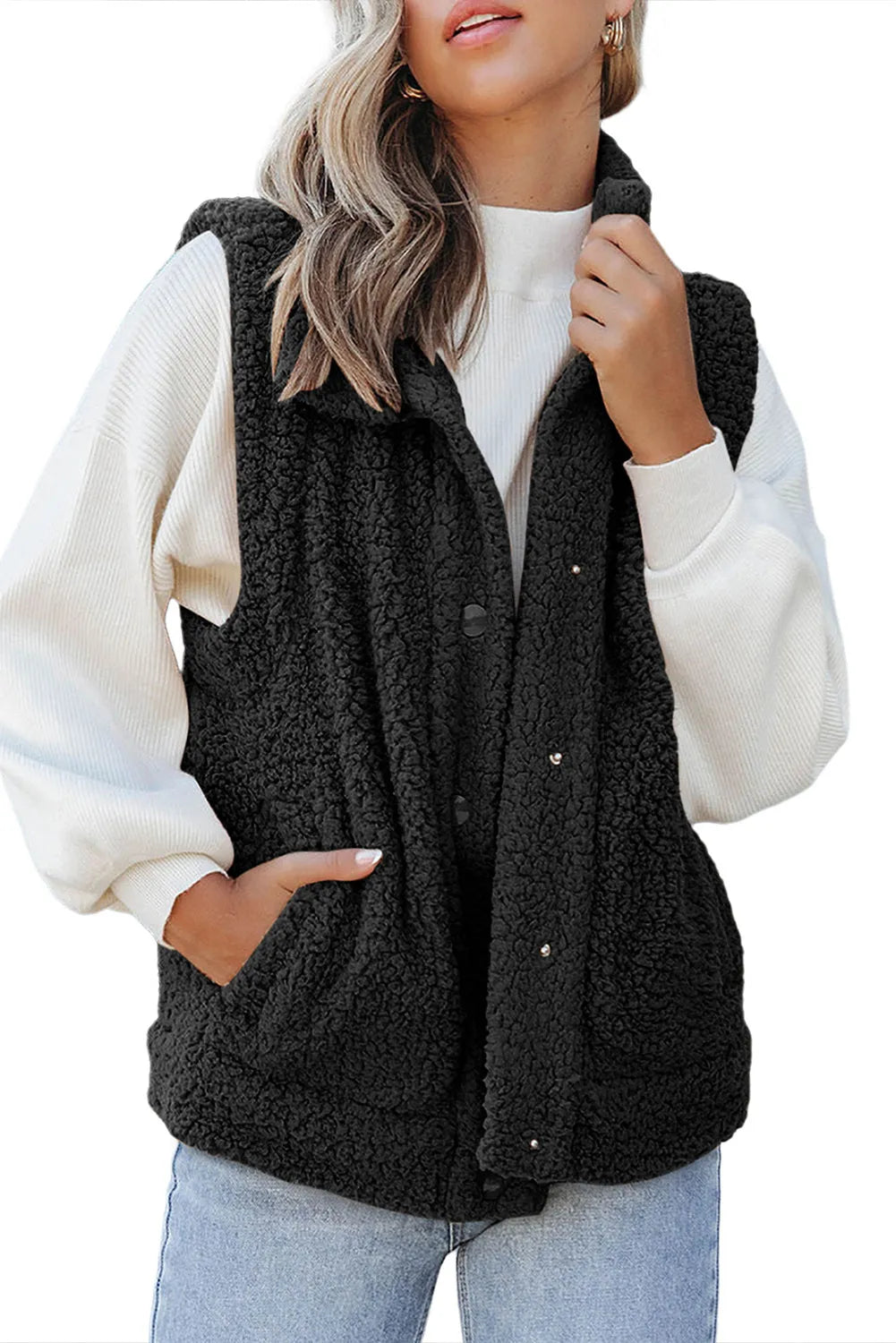 Black Snap Button Pocketed Sherpa Vest Jacket - Chic Meadow Boutique 