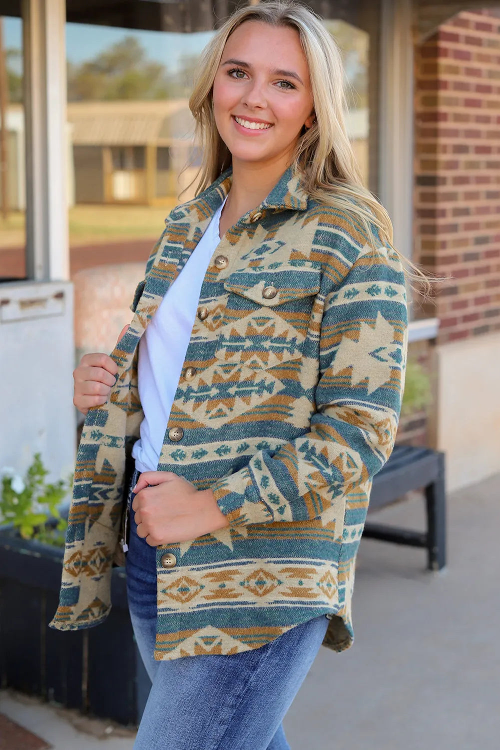 Blue Western Aztec Print Button Flap Pocket Shacket - Chic Meadow Boutique 