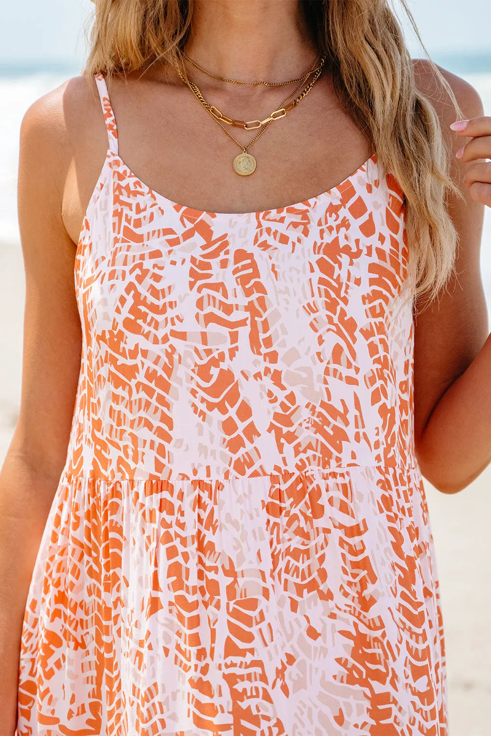 Orange Abstract Print Spaghetti Straps Backless Tiered Maxi Dress - Chic Meadow Boutique 